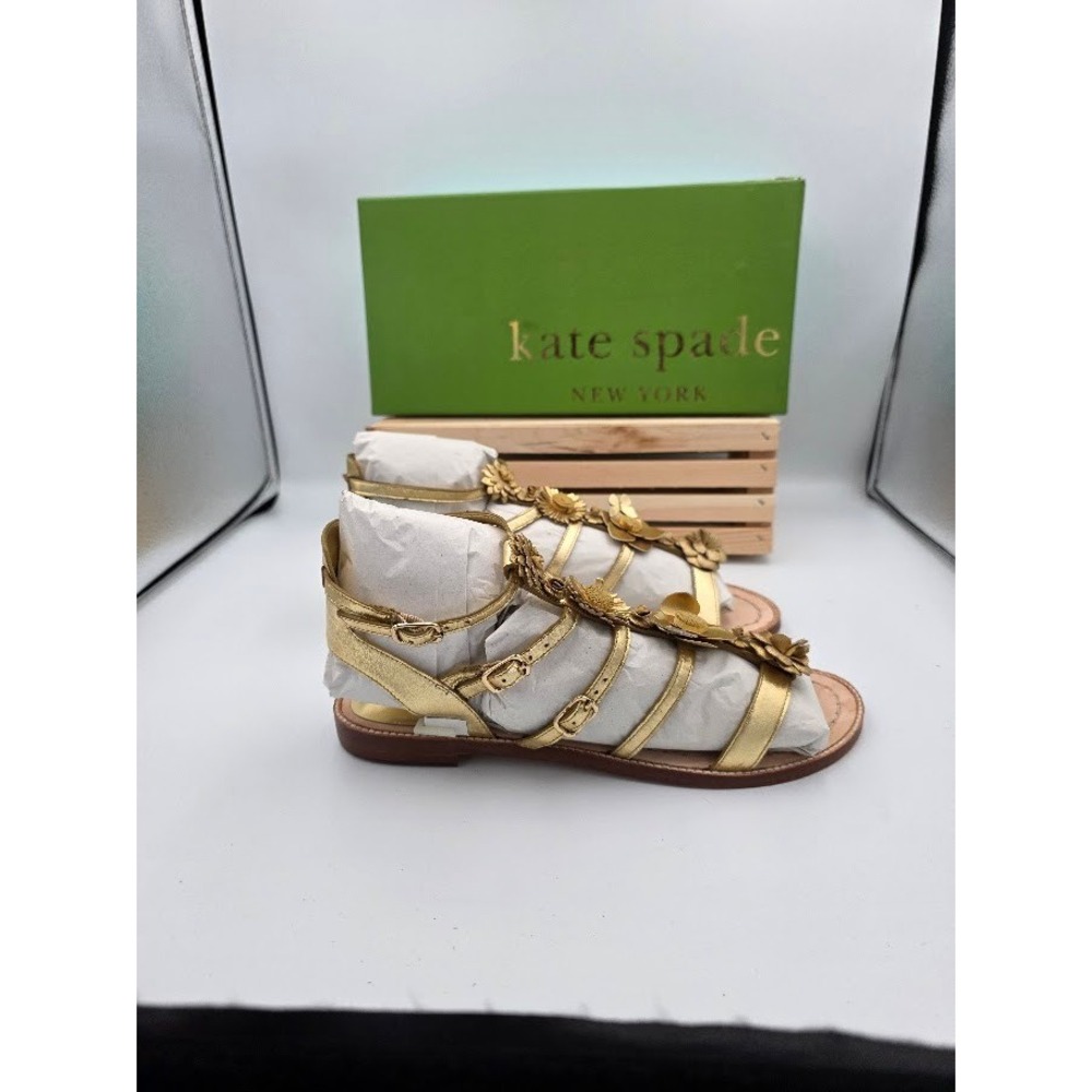 Kate Spade Sadia Sandals Women 9.5 Gold Metallic Floral 3DFlower S119021 Strappy - Picture 2 of 6